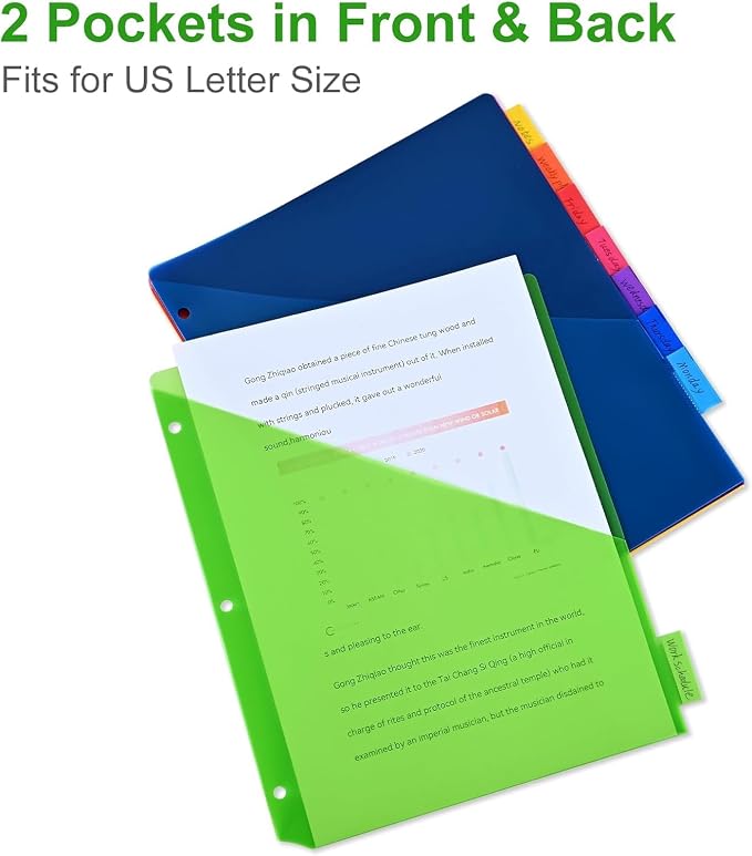 8-Tab Binder Dividers - Index Pockets Divider for 3 Ring Binders, 3-Hole Plastics Sheets Protectors for US Letter Size in 0.5'', 1'', 2'', 3 inch Binders, 8 Colors (XY004) (36 Packs)