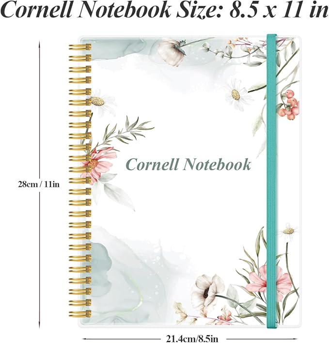 Yaridar A4 Cornell Notes Notebook - 8.5" x 11" College Spiral Cornell Notebooks for Note Taking, Subject College Ruled Steno Pads for Office School/Home, Pink Flower