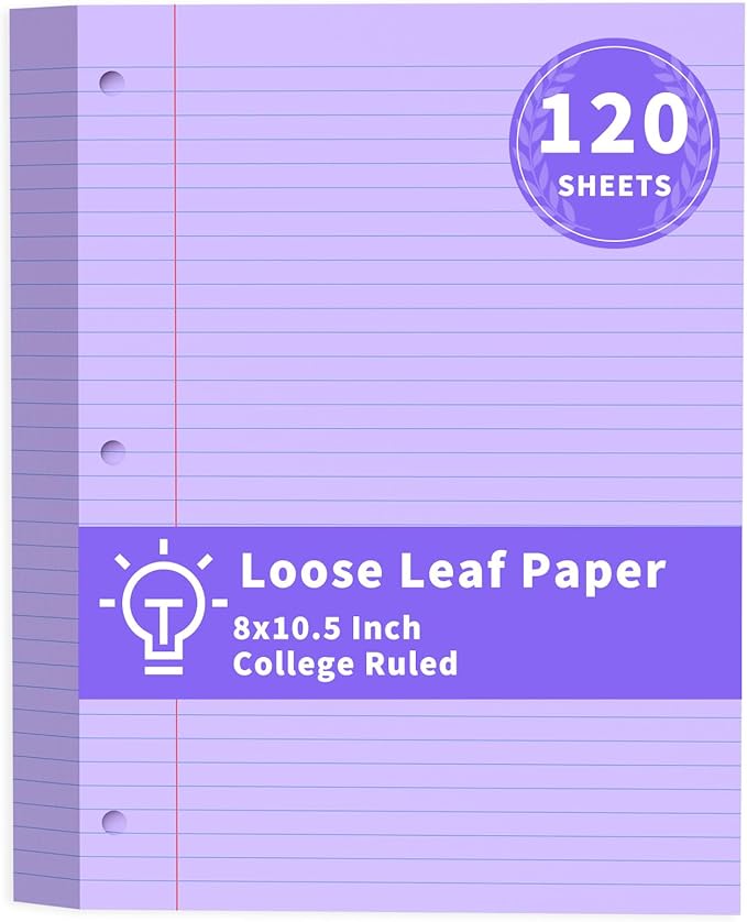 Purple Loose Leaf Paper 120 Sheets Purple Paper 8" x 10.5" College Ruled Paper Colored Notebook Paper 3-Hole Punched Lined Paper, 3 Ring Binder Paper 8 x 10.5 Filler Paper for School Office Supplies