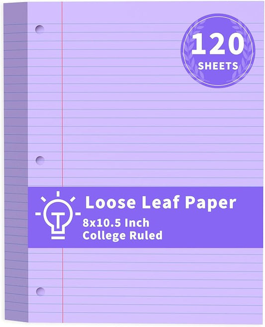 Purple Loose Leaf Paper 120 Sheets Purple Paper 8" x 10.5" College Ruled Paper Colored Notebook Paper 3-Hole Punched Lined Paper, 3 Ring Binder Paper 8 x 10.5 Filler Paper for School Office Supplies
