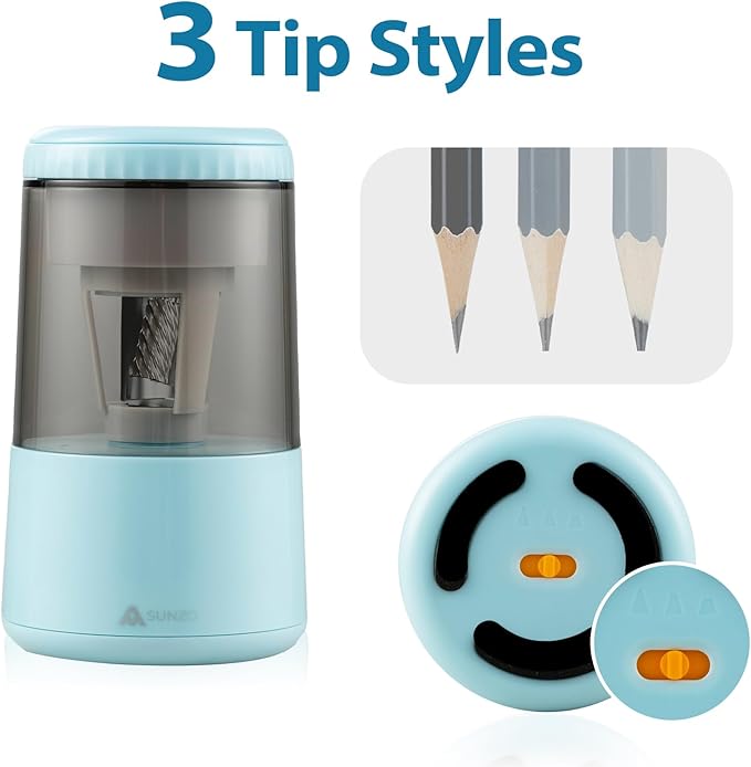 SUNZO Electric Automatic Pencil Sharpener, auto feed, hands free, electronic, rechargeable battery powered, small & portable, for colored pencil, for office & classroom (Blue)