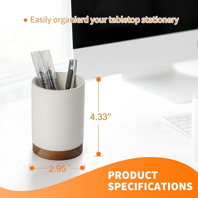 Pen Holder for Desk, Ceramic Pencil Organizer & Makeup Brush Holder, Office Decor and Desk Accessories，Perfect Office Organization,Teacher Supplies (White, Set / 1)