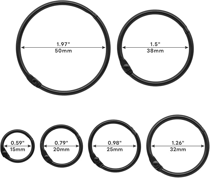 60 Pcs Binder Rings Assorted Sizes (1/2", 3/4", 1", 1-1/4", 1-1/2", 2"), Loose Leaf Binder Book Rings, Metal Index Card Rings Binder Clip Rings for Flash Cards, Key Rings, Index Cards (Black)