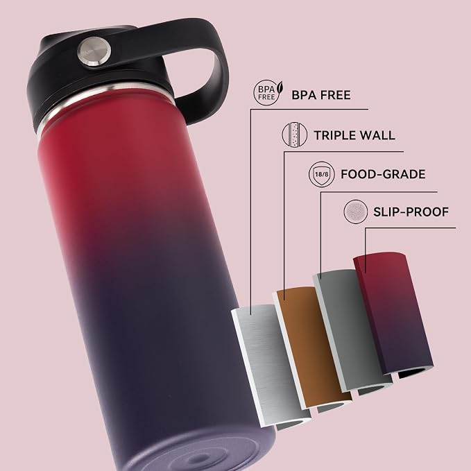 Fijinhom 18oz Insulated Stainless Steel Water Bottle, Wide Mouth Double Wall Vacuum, Silicone Straw, Sweat & Leak Proof, BPA Free Insulated Water Flask for Travel, Keep Cold 24h Hot 12h, Red