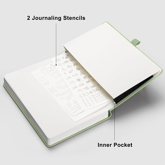 RETTACY Dotted Journal Notebook, 256 Pages, A5 Medium Size (5.7'' × 8.3''), Leather Hardcover, 120 GSM Thick Paper, for Journaling, Planning, Tracking (Light Green)