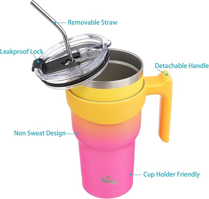 Konokyo 30 oz Tumbler with Handle and 2 Straw 2 Lid, Insulated Water Bottle Stainless Steel Vacuum Cup Reusable Travel Mug,Rainbow