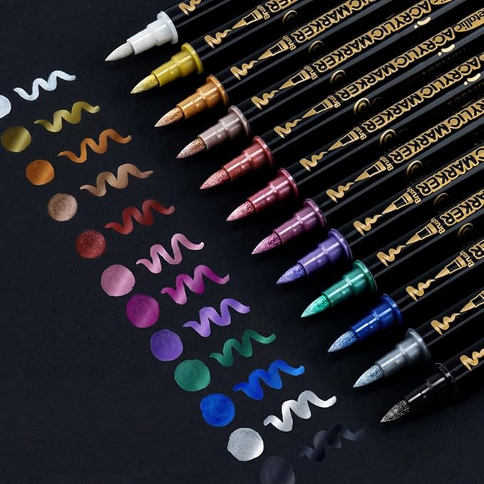 TRANSON 12Colors Metallic Paint Markers Brush and Fine Dual-tip for Rock Wood Ceramic Canvas DIY Painting Drawing