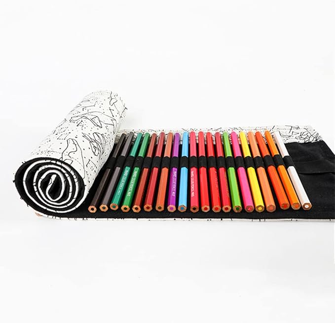 DIYOMR 24/36/72 Slots Pencil Wrap Pencil Rolls, Artist Colored Pencils Roll Up Bag Short Brushes Pouch Case Pencils Organizer for Drawing Coloring and Sketching (White Starry Sky, 72slots)