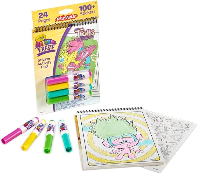 Crayola Trolls Color & Erase Sticker Activity Pad, 12 Reusable Trolls Coloring Pages & 100 Stickers, Gift