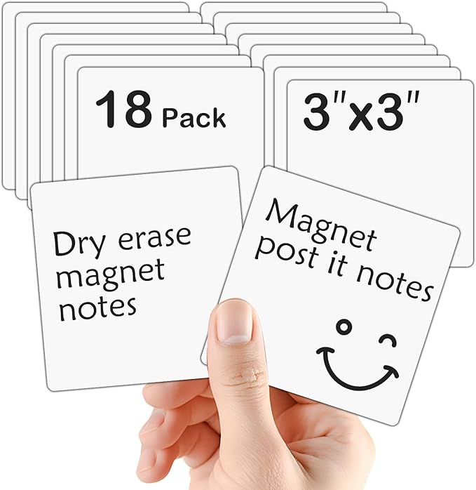 18 Packs Reusable Magnetic Sticky Notes, 3" x 3" Dry Erase Magnets Labels, White Sqaure Magnet Post it Notes for Whiteboard, Fridge, Locker, Cabinet, Door - Office & Classroom Supplies