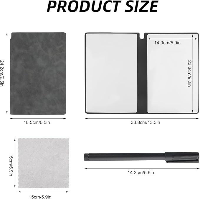 Reusable A5 Dry Erase Notebook Include a Wipeable Pen and Rag,9.5x6.5 Inch Erasable Notebook Whiteboard Notebook,Wipeable Notebook PU Hardcover for Office and Taking Notes(Black)