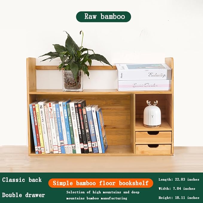 Bamboo Desktop Bookshelf with Drawers,2-Tier Desk Organizer Shelf,Small Desk Hutch with Storage for Office,Dorm,Bedroom,Home,Desk Top Bookshelf with Rounded Corners,22.8"x7.5"x18.1"
