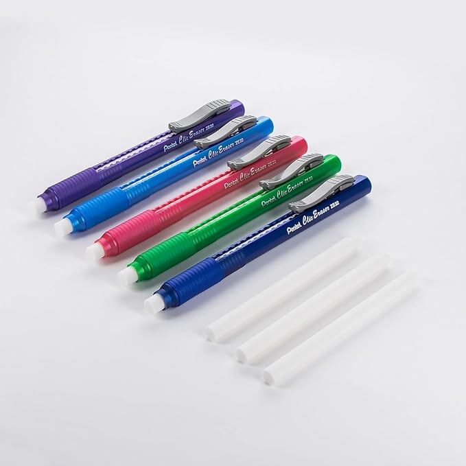 Pentel Clic Retractable Eraser, Assorted Colored Pen Style Grip Erasers, Pack of 7