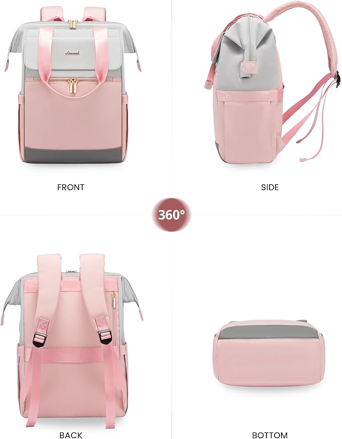 LOVEVOOK 17.3 Inch Laptop Backpack for Women, Large Capacity Travel Backpack with Organizer Bag, Waterproof Carry on Backpack Work Bag with USB Port, Teacher Nurse Backpack Purse, 2PCS, Grey-Pink