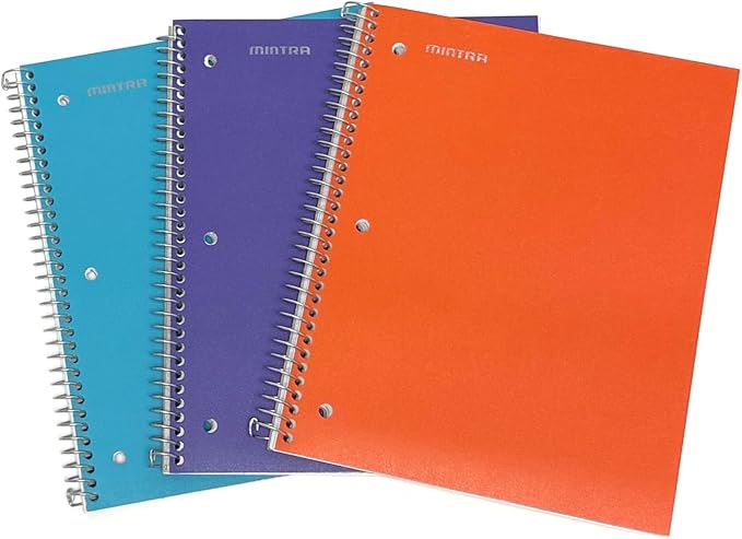 Mintra Office Durable Spiral Notebooks, 1 Subject, (Teal, Purple, Orange, Wide Ruled 3pk)