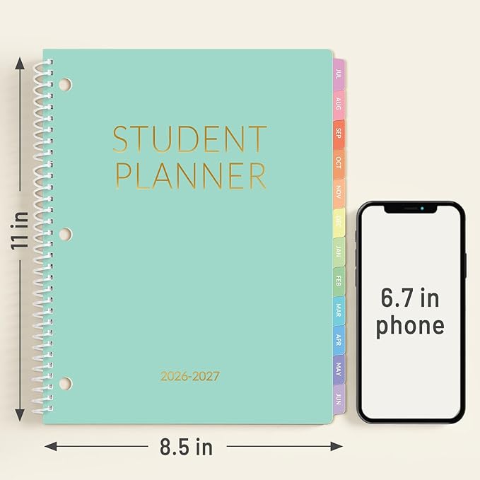 SUNEE Student Planner 2026-2027, Academic Weekly & Monthly School Planner, July 2026 - June 2027, 8.5" x 11" Lesson Plan Book with Weekly Goals, Monthly Tabs, Bookmark & 3-Hole Punch, Mint Green