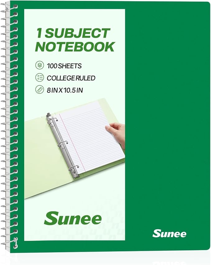 SUNEE Spiral Notebook, 1-Subject, College Ruled Paper, 8" x 10-1/2", 100 Sheets per Notebook, 3-Hole Punched Paper, Water Resistant Cover, Double-sided Pockets, Dark Green