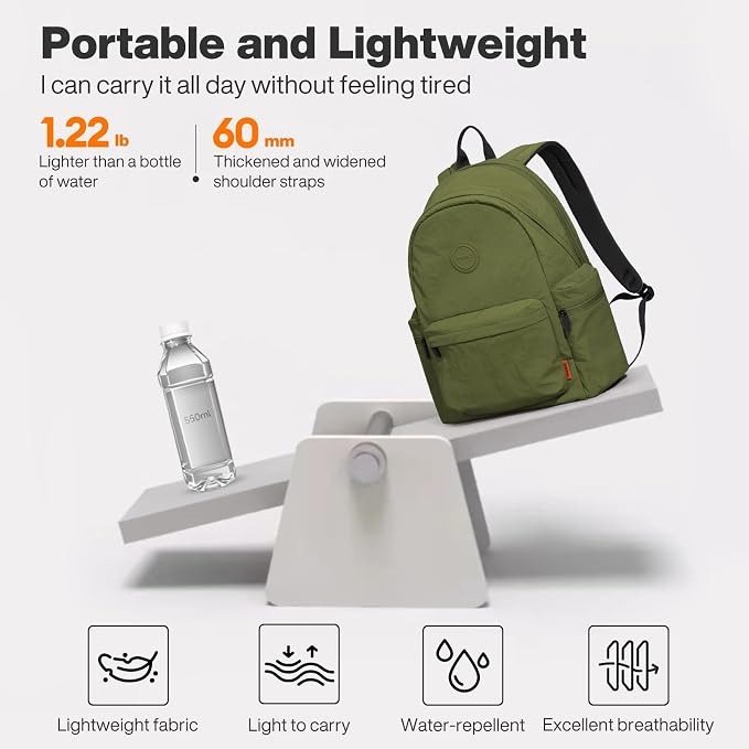 mixi 15Inch Casual Travel Daypack Lightweight Laptop Backpack, Jungle Green | Ultra Light Backpack, Fits 14in Laptop, Water/Oil/Stain Resistant, Anti-Theft Pocket&Luggage Strap for College Work Hiking