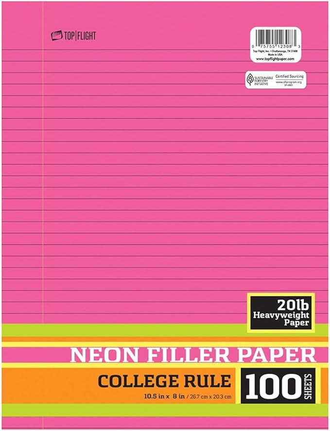 Top Flight Neon Filler, College Rule, 100 Sheets, 4 Colors, 3-Holes, 20 lb., 10.5 x 8 inches (4511894)