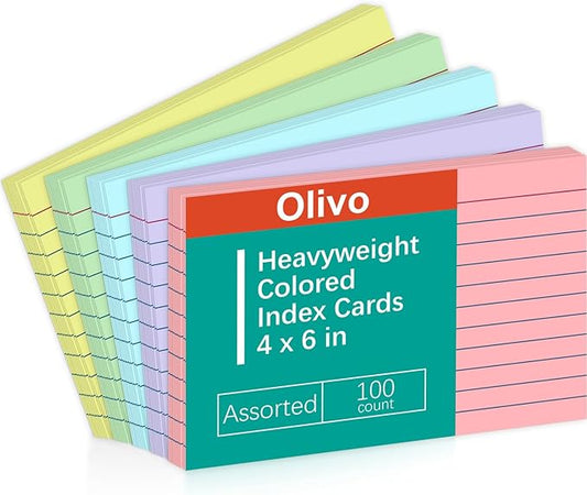 Colored Index Cards 4x6 Lined Ruled Flash Note Cards 100 Count, 5 Pastel Colors Assorted, 220 GSM Heavy Weight