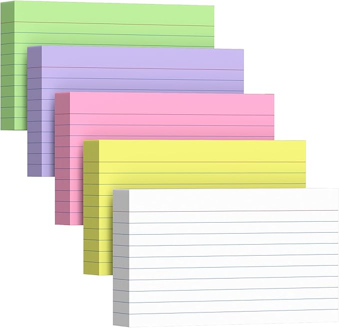 250 Count Index Cards 3 x 5 Inch, Thick Colored Lined Note Cards Portable Ruled Flash Cards Perfect for Studying and Organizing, Note Taking Study Flashcards for Home, School and Office