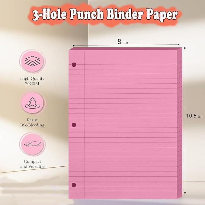 Loose Leaf Paper (6 Pack) Wide Ruled Notebook Paper Filler, 3 Hole Punched Office Sheets Bulk for 3 Ring Binder, Lined Paper Writing Note pads 300 Sheets, in Pink, Purple, Yellow, Green, Blue, White