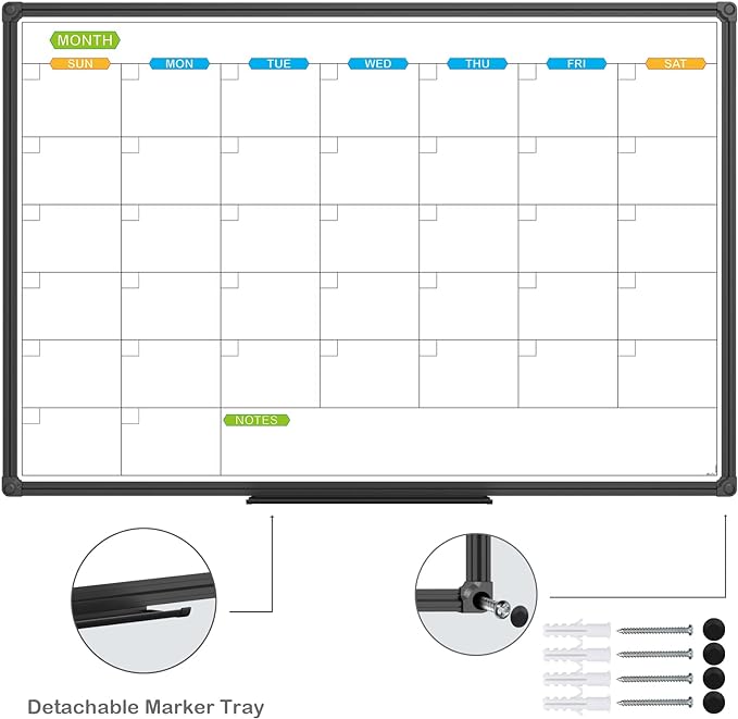 JILoffice Dry Erase Calendar Whiteboard - Magnetic White Board Monthly 36 x 24 Inch, Black Aluminum Frame Wall Mounted for Office Home and School