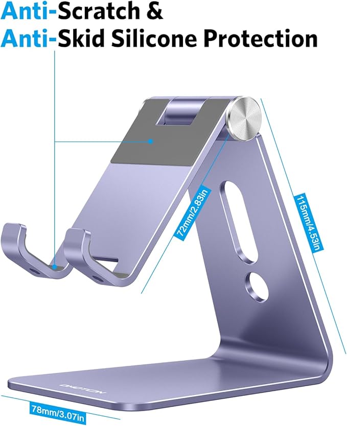 OMOTON Adjustable Cell Phone Stand, C2 Aluminum Desktop Cellphone Stand with Anti-Slip Base and Convenient Charging Port, Fits All Smart Phones, Haze Purple