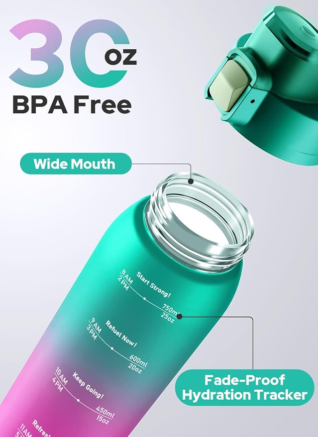 Opard Zip 30oz Plastic Water Bottle Dishwasher Safe, Leakproof Flip-Top Lid, BPA Free Tritan, Wide Mouth Reusable Sports Water Bottle for Gym Hiking Commuting Outdoor Travel and School