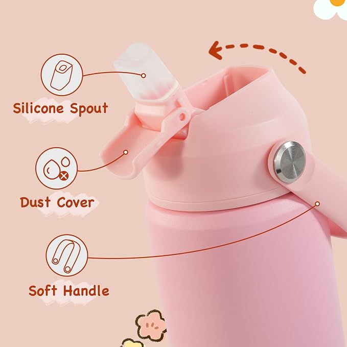Kerilyn 12oz Kids Water Bottle, Stainless Steel Insulated Water Bottle for Kids, Toddler Cup With Straws Leak-proof, Toddler Water Bottles for School Boys Girls, BPA Free, Pink (Pack of 3)
