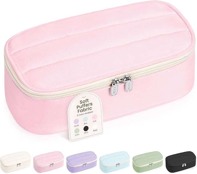 Sooez Cute Pencil Case, Soft Puffers Pencil Pouch, Large Pen Pencil Bag | Zipper Pen Case, Aesthetic Pen Pouch, Colored Stationery Storage & Organizer, School Supplies for Teen Girl Students, Pink