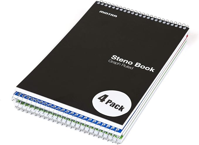 Mintra Office Steno Books Set - Top-Spiral Bound, Graph Ruled, 70 White Sheets, Poly Primary Color Covered Notebooks for Office, Professional, School & Work, Note-taking, Writing Pads, 6"x9", 4 Pack
