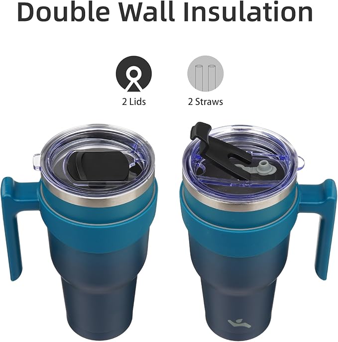 Konokyo 30 oz Tumbler with Handle and 2 Straw 2 Lid, Insulated Water Bottle Stainless Steel Vacuum Cup Reusable Travel Mug,Indigo Black