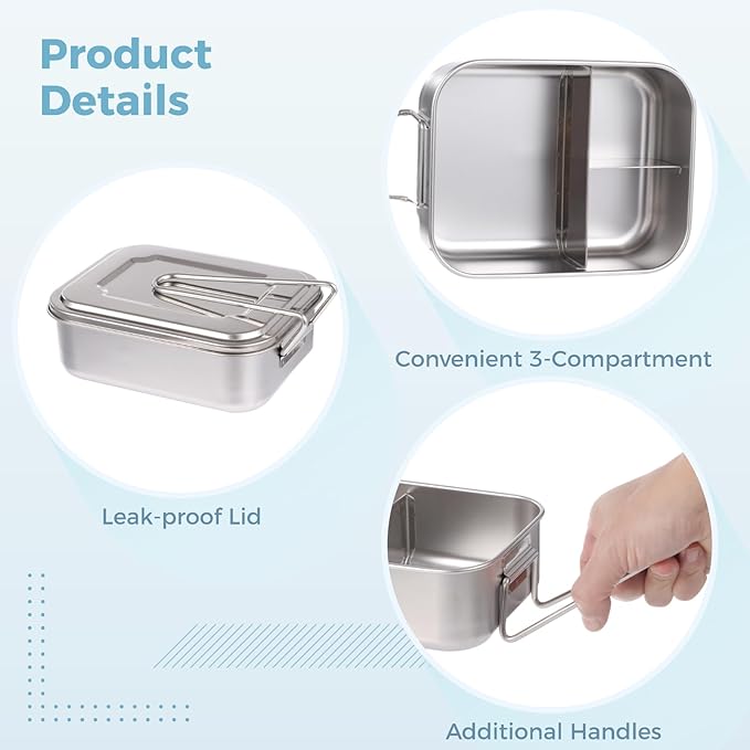 2 Pcs 304 Stainless Steel Bento Box, 1200ml 3-Compartment Metal Lunch Container with Fork and Spoon, Leak Proof Metal Lunch Container for Youngsters and Adults