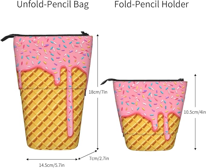 Ice Cream Kids Standing Pencil Case Girls Boys Telescopic Stationary Pouch with Zipper Large Capacity Stand up Pen Bag Portable Makeup Holder for Children School Students Office Supplies