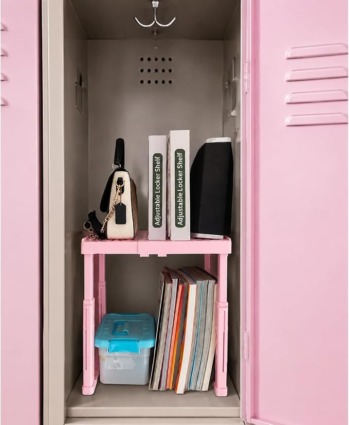 Svartur Adjustable Locker Shelf Pink Height and Width Adjustable Locker Organizer Shelf for School Locker, Stackable Locker Stand Tools for Gym Lockers, Office, Back to School Essentials