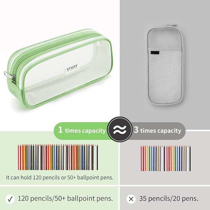 KALIDI Grid Mesh Pencil Case Pouch Large Capacity Pencil Bag with Zipper | Pencil Pouch Green Simple Stationery Bag Aesthetic Pen Bag for School Teen Girl Boy Multi-Purpose Bag for Office Men Women
