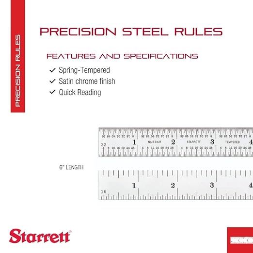 Starrett Spring Tempered Steel Rule with Satin Chrome Finish, Quick Reading, and Inch Graduation - 6" Length, 4R Graduation Type, 3/64" Thickness - C604R-6