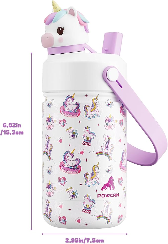 POWCAN 12 oz Kids Water Bottle for School: 2-in-1 Straw Spout Lid with Soft Animal Head, Leakproof, Keep Cold 24H, Backpack Friendly, BPA-Free, Stainless Steel Cup for Sports, Gift (Unicorn Starland)