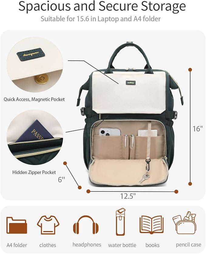 Computer Backpack for Women, Work Bag Laptop Bookbag with Cup Holder & USB Charger for Teacher Nurse College Travel Back Pack, Gifts, Beige DarkGreen