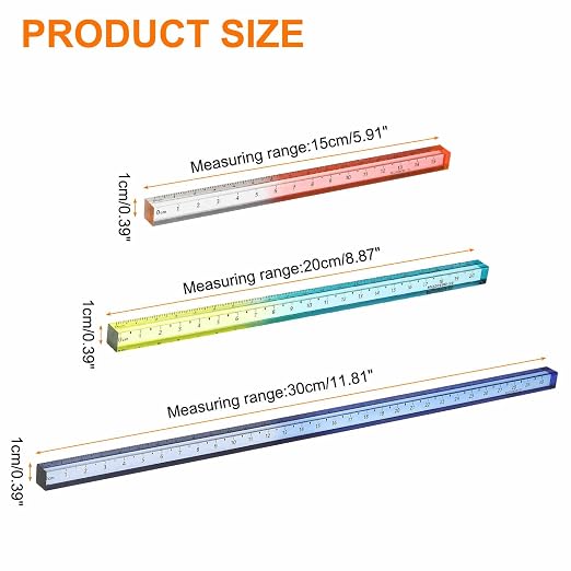 HARFINGTON 3pcs Acrylic Clear Straight Rulers 15/20/30cm Metric Transparent Gradient Three-Dimensional Plastic Ruler Square Cube Measuring Tool for Office, Orange/Blue-Yellow/Blue-Gray