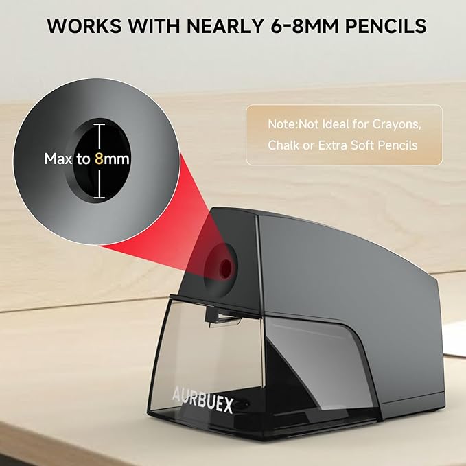 Electric Pencil Sharpener for 6 to 8 mm Pencils Helical Blade Fast 4 Second Sharpening Large Shavings Bin Non Slip Feet Safe Design for Classroom Office and Home(S1131)