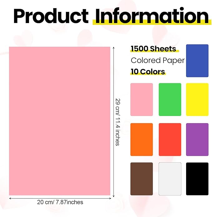 Fuutreo 1500 Sheets Construction Paper Bulk, 11.4'' x 7.9'' Lightweight Art Supplies Assorted Colors Construction Paper for Drawing Decor, DIY Craft, Office Printing, 10 Colors