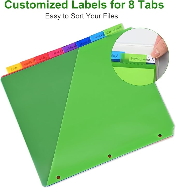 8-Tab Binder Dividers - Index Pockets Divider for 3 Ring Binders, 3-Hole Plastics Sheets Protectors for US Letter Size in 0.5'', 1'', 2'', 3 inch Binders, 8 Colors (XY004) (36 Packs)