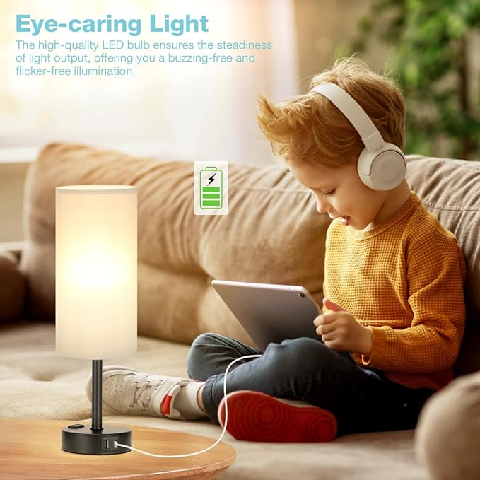 Fenmzee Grey Touch Bedside Lamp for Bedroom - 3 Way Dimmable Table Lamp USB C Charging Ports and AC Outlet, Small Desk Lamp for Living Room, Office, LED Bulb Included