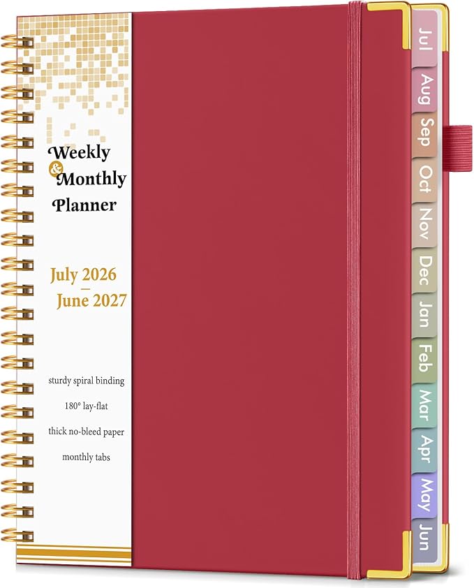 Academic Planner 2026-2027, Hardcover Weekly and Monthly Calendar Planner from July 2026 - June 2027, Daily Agenda Planners with Tabs, College School Organizer for Student Teacher, A4 (8.5" x 11"), Red
