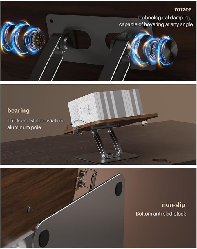 Book Stands for Reading,Adjustable Book Holder with 360° Rotating Metal Base,Foldable Cookbook Stand, Reading Hands Free with ABS Expandable Page Clips for Recipe,Textbook,Laptop