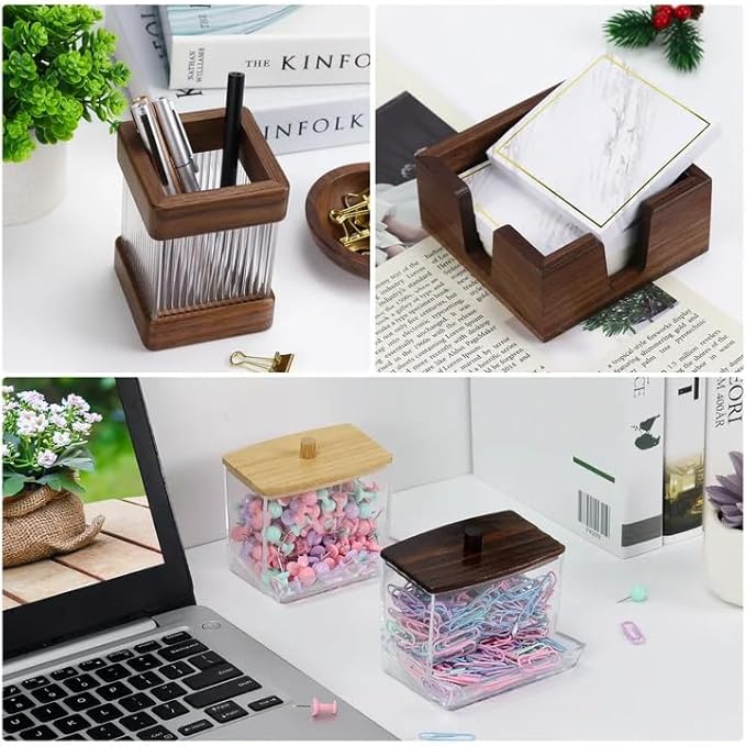 MultiBey Walnut Desk Organizer Set, Wooden Office Desktop Organization with Acrylic Pen Holder, Sticky Note Dispenser & Paper Clip Box, Elegant Walnut Desk Accessories for Home Office Gift