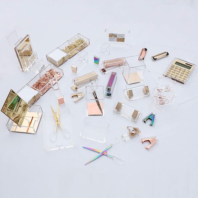 Rose Gold Notes Holder with Cube Memo Pad 320 Sheets, Acrylic 3 in 1 Drawer Organizer by DS DRAYMOND STORY - Desktop Stationery Series (Thank You Gifts for Boss)