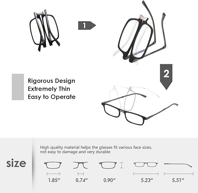 SKYOAK Evolved Folding Reading Glasses For Women Men Blue Light Blocking Anti UV Eyestrain Foldable Portable Compact Readers with Flat Hard Case Pocket Computer glasses 2.0 BLACK